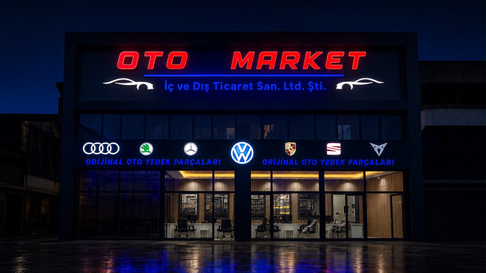 OTO MARKET Gaziantep mağazası — Küsget Sanayi Sitesi gece görünümü